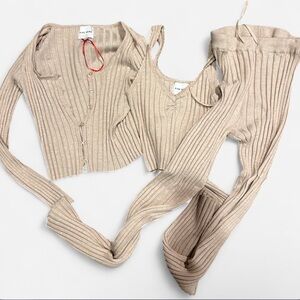 Pink Rose S Women’s Beige Ribbed Cardigan 3 piece Lounge Pants Sweater Set